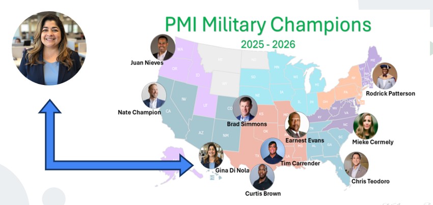 PMI Military Champions 2025–2026 map, with Dr. Gina Di Nola representing the Southwest